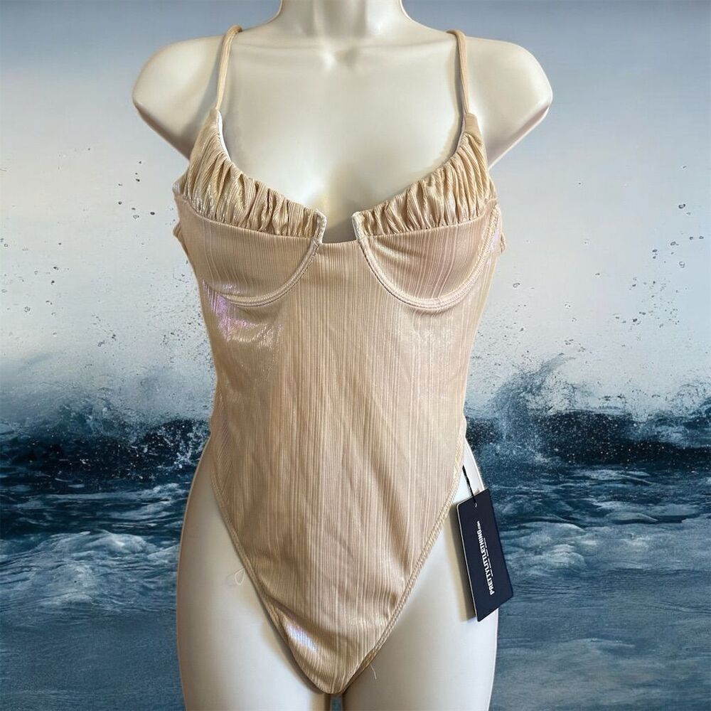 Pretty Little Thing Women's Rose Gold Ruched Cup High Cut One Piece Swimsuit